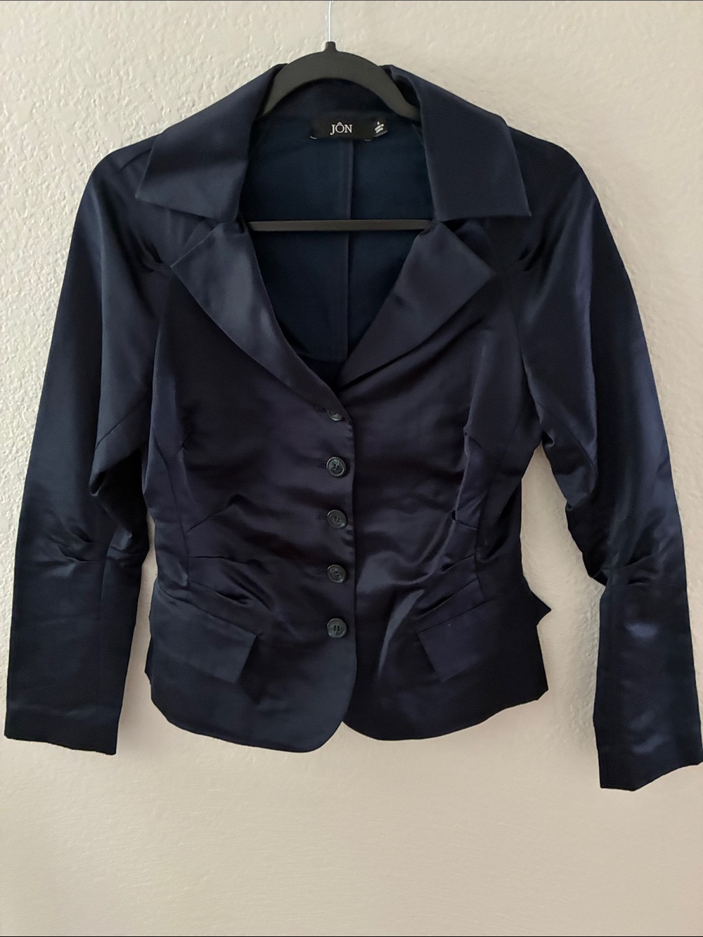 JON Women's Navy Satin Button-Up Blazer Jacket